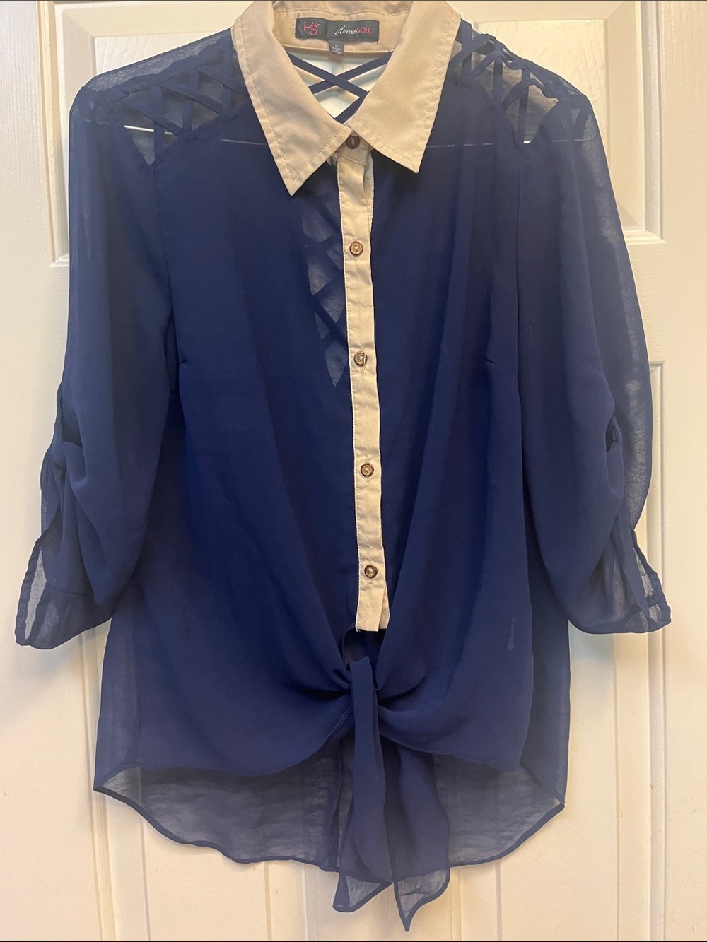 Heart Soul Navy Sheer Tie-Front Blouse with Cream Collar L